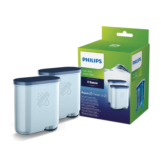Philips Aqua Clean water filter for coffee machines, showing the filter cartridge with branding and packaging details.