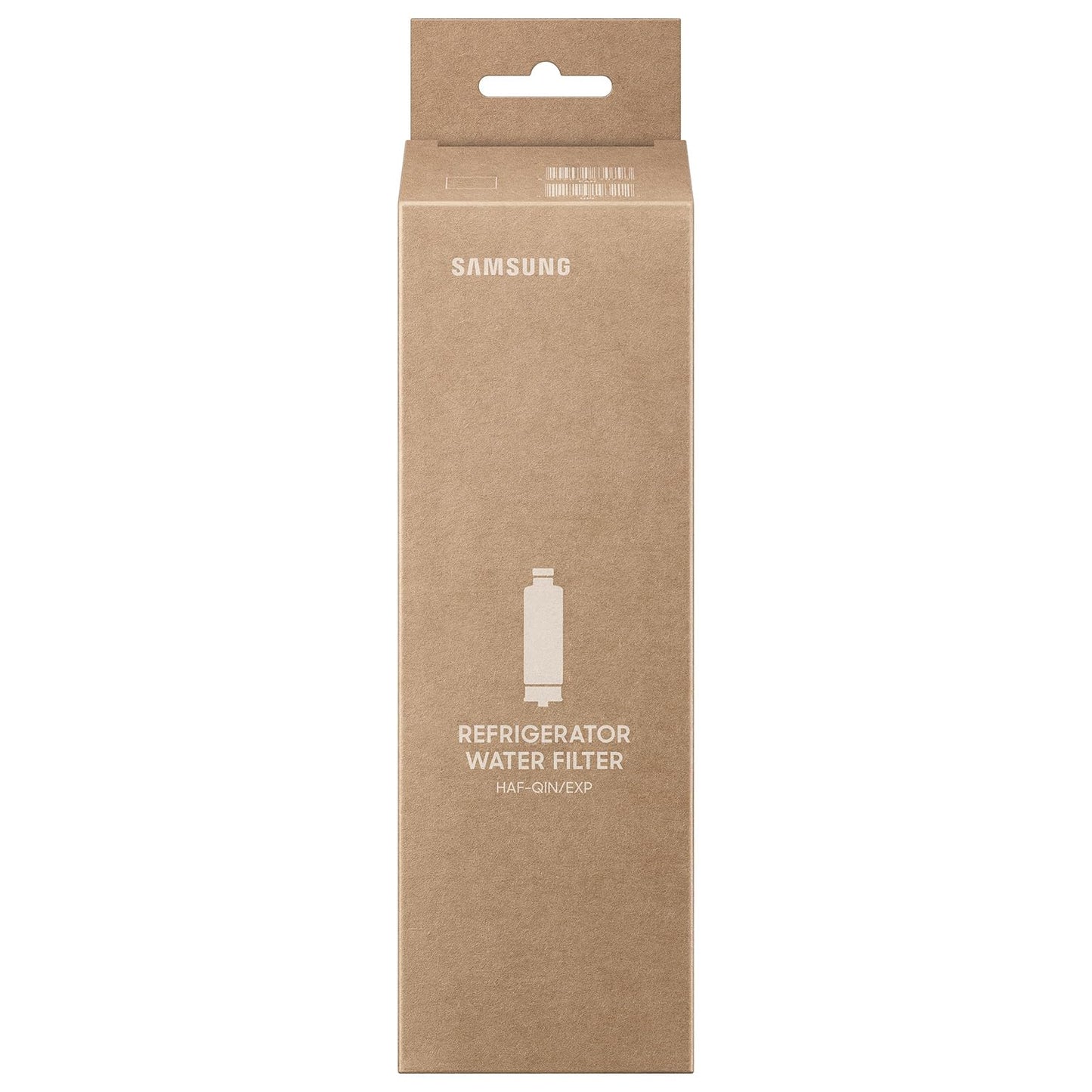 Samsung HAF-QIN/EXP genuine refrigerator water filter replacement, with filter cartridge and packaging visible.