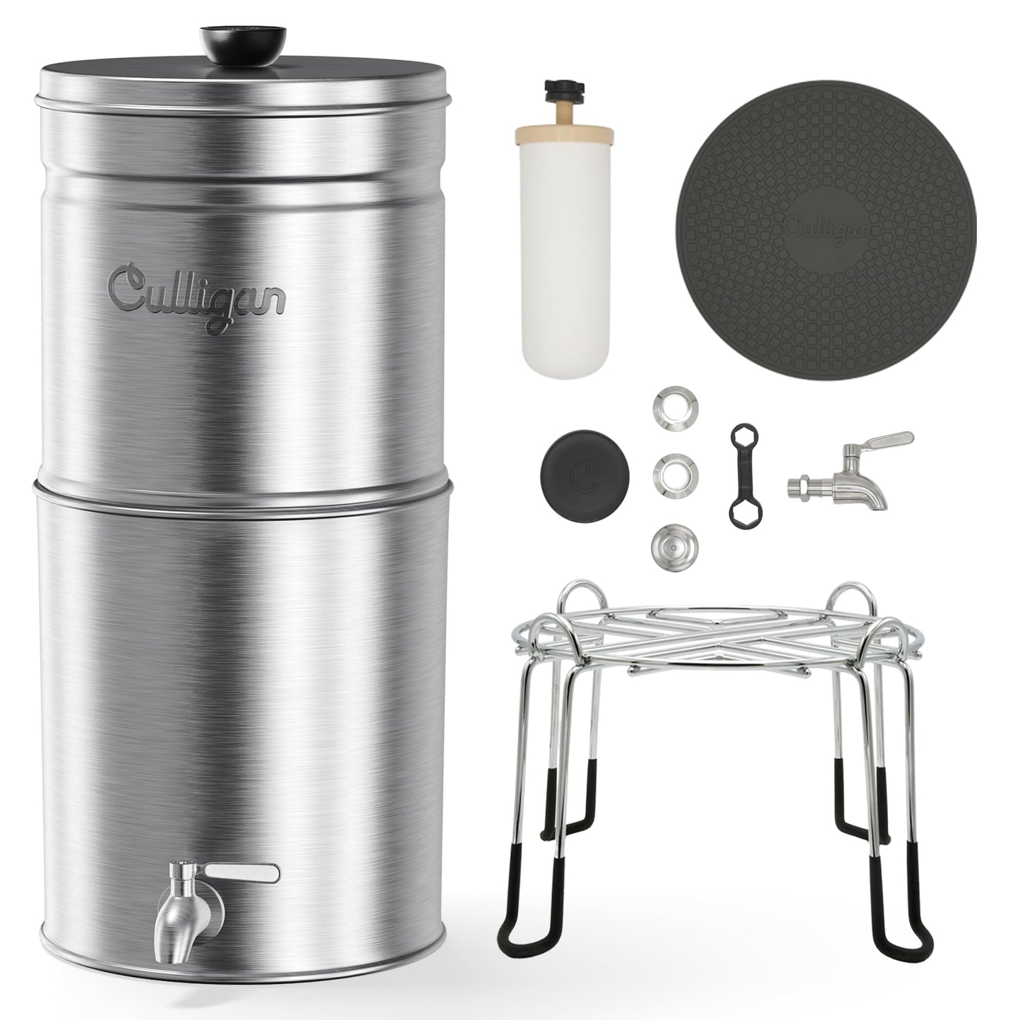Culligan with MaxClear Technology 2.25 Gallon Gravity Water Filter System, Brushed Countertop Ceramic Water Filter NSF/ANSI Certified to Reduce Lead, Microplastics & Total PFAS, with 4 Filters
