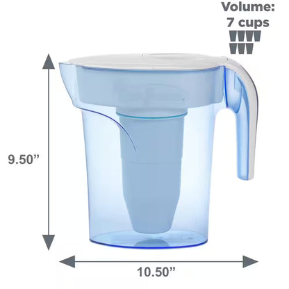 7-cup Ready-Pour Water Filter Pitcher from Zero Filter Store with clear water and filter cartridge visible in the pitcher.