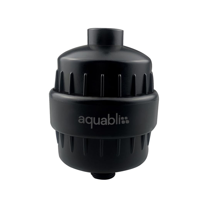 Aquabliss SF100 Revitalizing Shower Filter attached to a showerhead, demonstrating water flow and filter design.