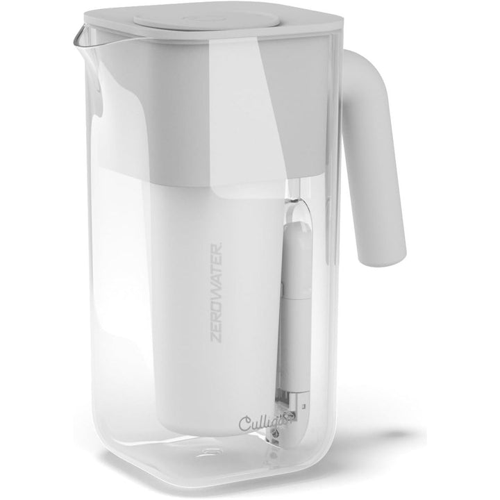 Clear 8-cup ZeroWater filter pitcher with transparent body and blue lid, designed for clean, filtered drinking water.