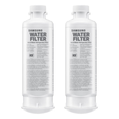Samsung HAF-QIN/EXP refrigerator water filter installed in a modern fridge, showcasing the compact, genuine filter from Zero Filter Store.