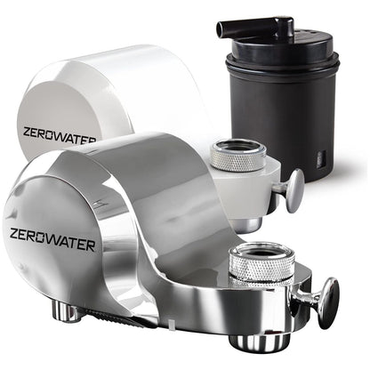 ZeroWater ExtremeLife faucet mount water filter attached to kitchen faucet for clean, filtered drinking water.
