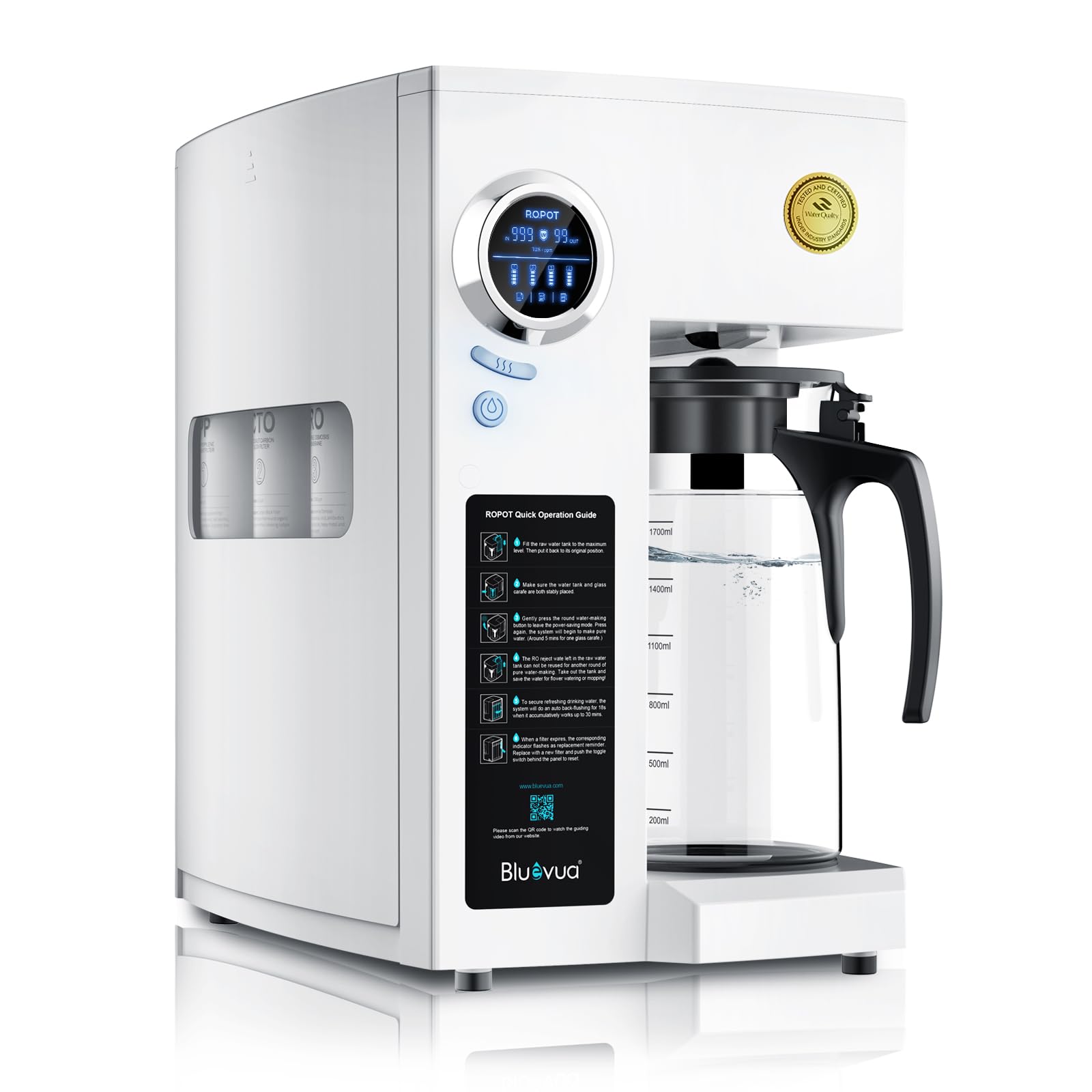 Bluevua RO100ROPOT-UV Reverse Osmosis System Countertop Water Filter - 6 Stage Purification with UV and Remineralization, Counter RO Filtration, Portable Water Purifier