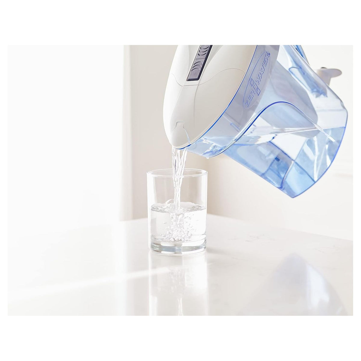 ZeroWater 10-cup water filter pitcher with transparent body and filter cartridge for clean, filtered drinking water.