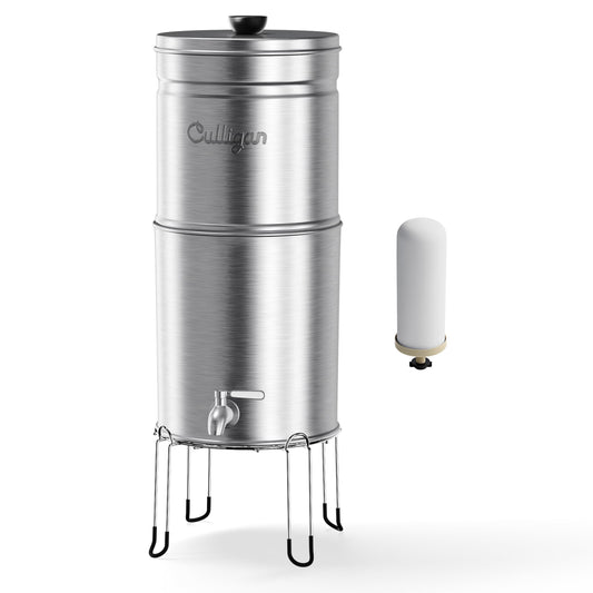 Culligan with MaxClear Technology 2.25 Gallon Gravity Water Filter System, Brushed Countertop Ceramic Water Filter NSF/ANSI Certified to Reduce Lead, Microplastics & Total PFAS, with 4 Filters
