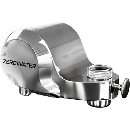 ZeroWater ExtremeLife faucet mount filter attached to kitchen faucet, demonstrating clean drinking water filtration.