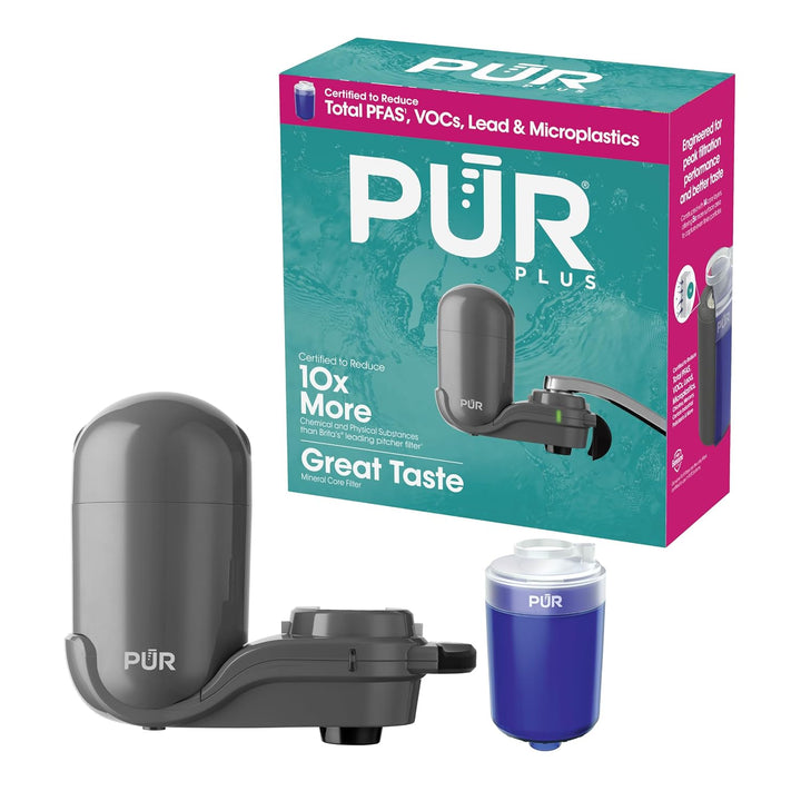 PUR® PLUS FM-2500V vertical faucet mount water filtration system, grey