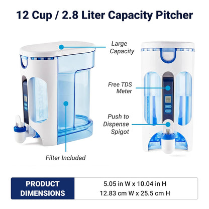ZeroWater 12-cup water filter pitcher with clear design and built-in filter, ideal for fresh filtered drinking water.