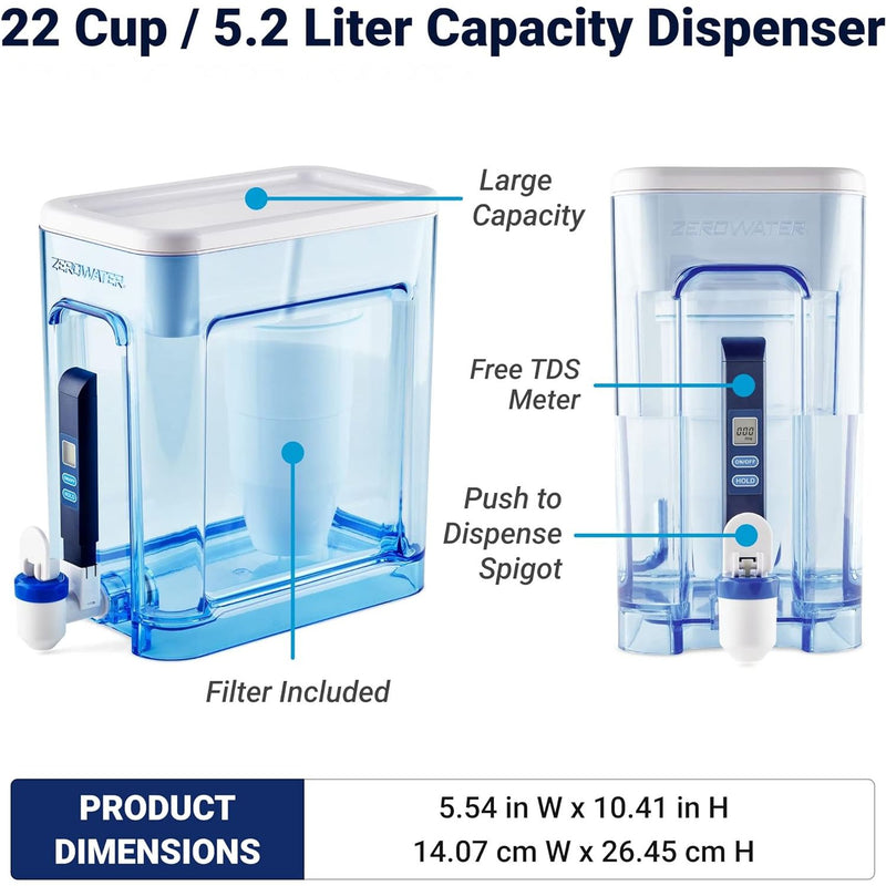 Clear plastic ZeroWater 22-cup water filter dispenser with removable lid and spigot, designed for filtered drinking water.