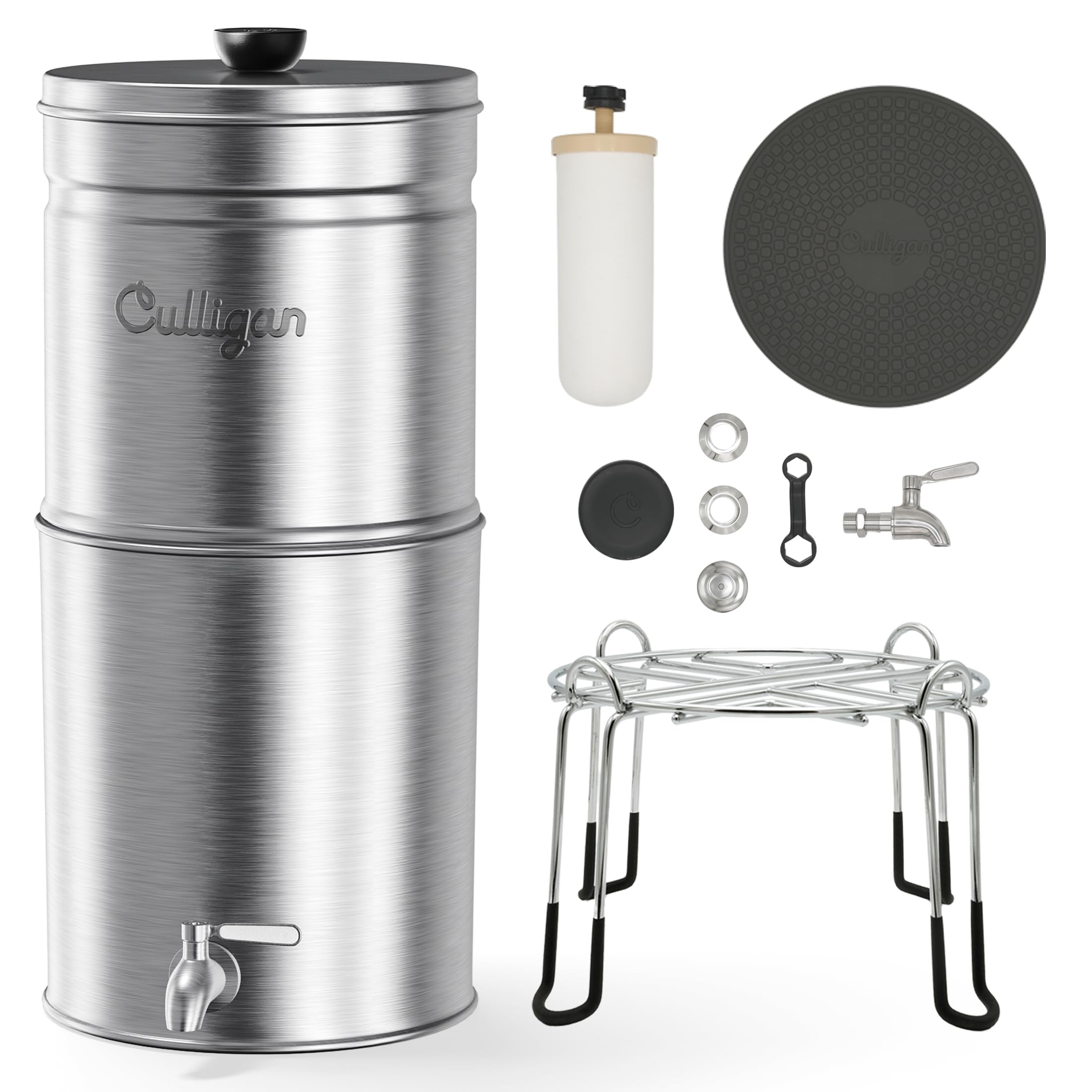 Culligan with MaxClear Technology 2.25 Gallon Gravity Water Filter System, Brushed Countertop Ceramic Water Filter NSF/ANSI Certified to Reduce Lead, Microplastics & Total PFAS