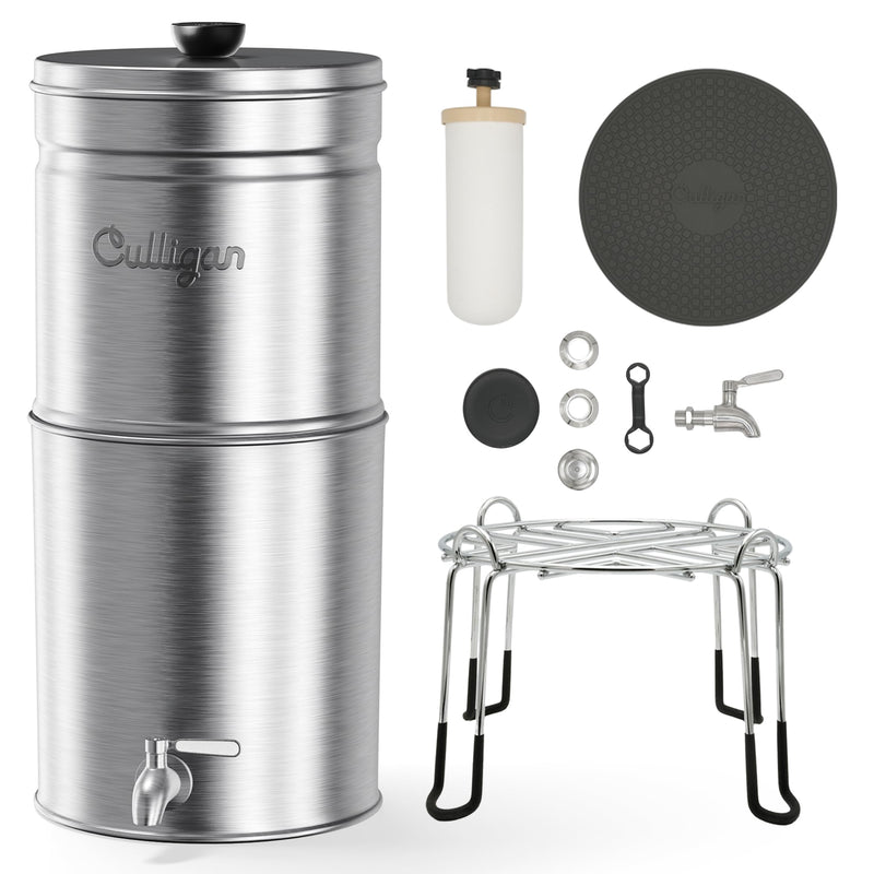 Culligan with MaxClear Technology 2.25 Gallon Gravity Water Filter System, Brushed Countertop Ceramic Water Filter NSF/ANSI Certified to Reduce Lead, Microplastics & Total PFAS