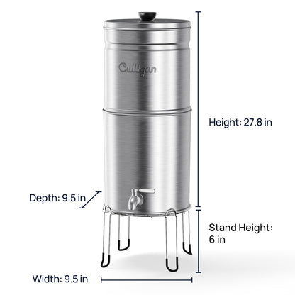Culligan MaxClear gravity water filter system with white plastic body and attached filtration unit, installed in a kitchen setting.