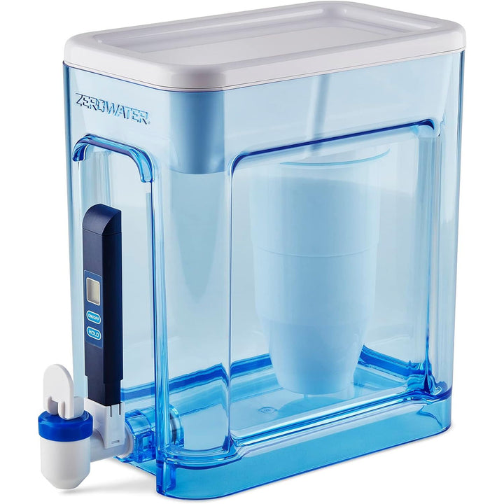 ZeroWater 22-cup water filter dispenser in clear plastic with spout and handle, designed for clean, filtered drinking water.
