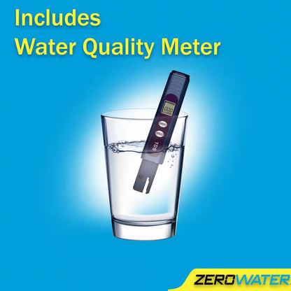 7-cup Ready-Pour water filter pitcher by Zero Filter Store with clear body and blue lid for clean drinking water.