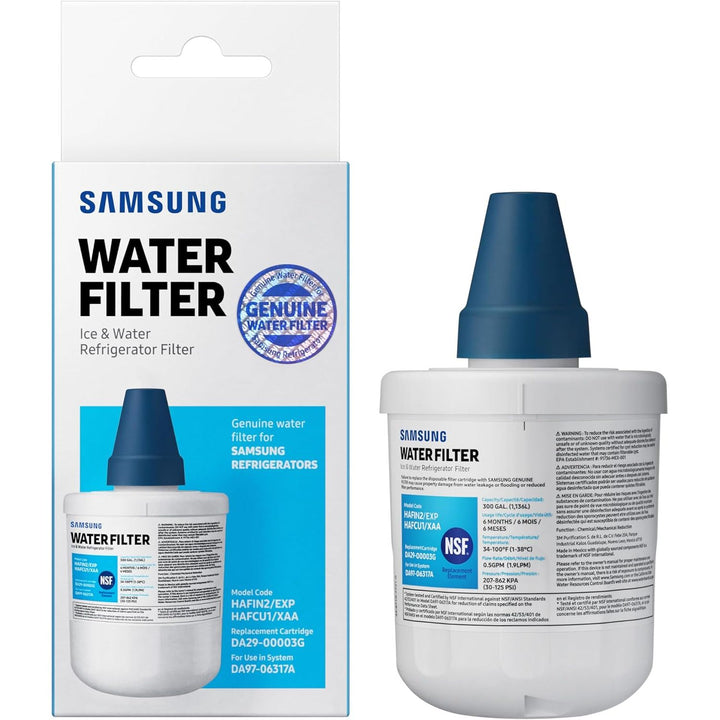 Samsung HAFCU1/XAA refrigerator water filter replacement by Zero Filter Store, showing the filter with label and packaging.