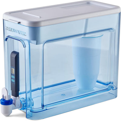 ZeroWater 32-cup pitcher water filter dispenser with clear plastic body and built-in filter, designed for clean, filtered drinking water.