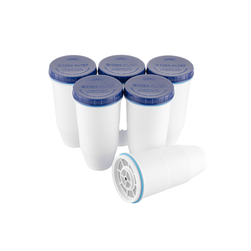 Six replacement water filters from Zero Filter Store, 5-stage filtration system, in a clear pack with filter caps visible.