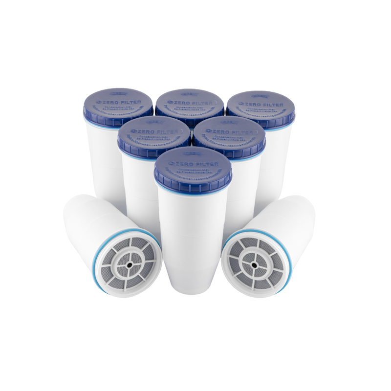 Eight replacement water filters from Zero Filter Store, 5-stage filtration system in a compact plastic cap package.