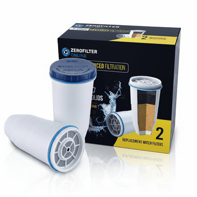 Two 5-stage replacement filters for water purification from Zero Filter Store, showing clean filter units with clear plastic housings.