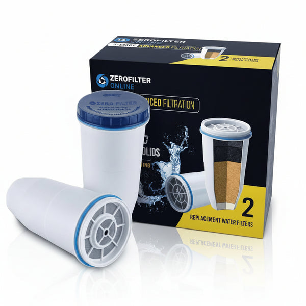 Two 5-stage replacement filters for water purification from Zero Filter Store, showing clean filter units with clear plastic housings.