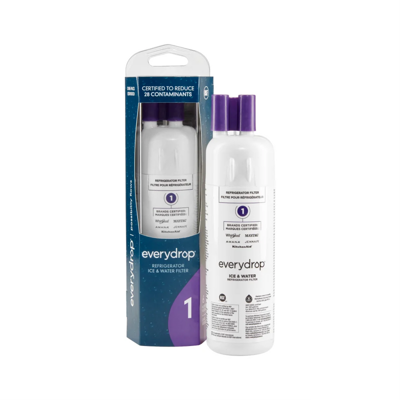 Everydrop by Whirlpool Refrigerator Water Filter 1 showing purple filter cartridge for ice and water filtration.