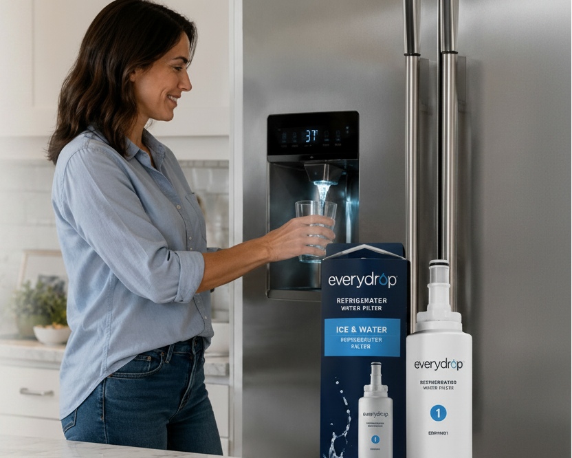 everydrop refrigerator water filter with a woman pouring water from a dispenser.