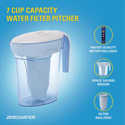 7-cup Ready-Pour water filter pitcher by Zero Filter Store with clear plastic body and ergonomic handle for easy pouring