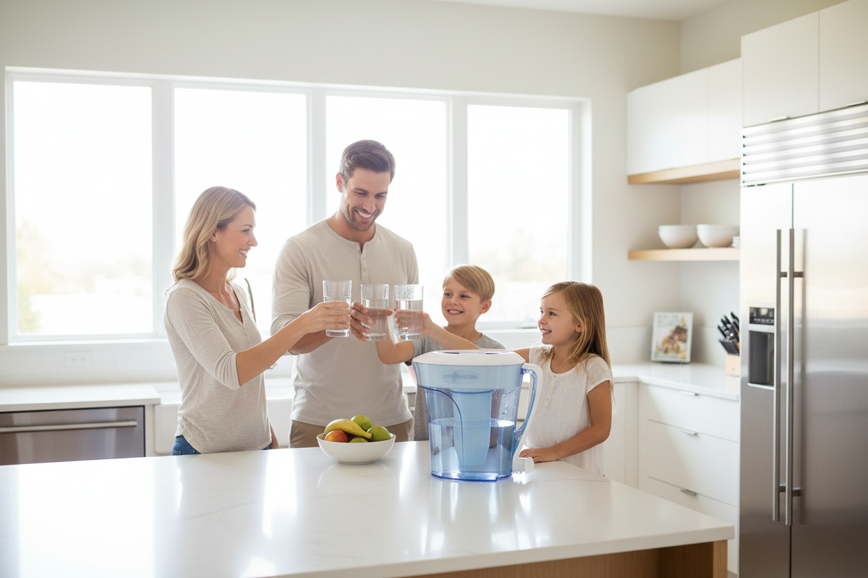Family with ZeroWater 10-Cup Pitcher in modern kitchen