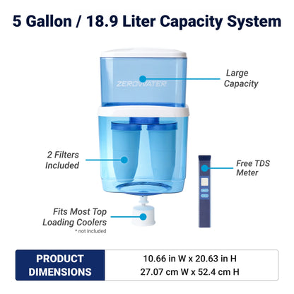 ZeroWater 5-gallon water cooler filtration system by Zero Technologies LLC, showing the water dispenser with a filled water jug.
