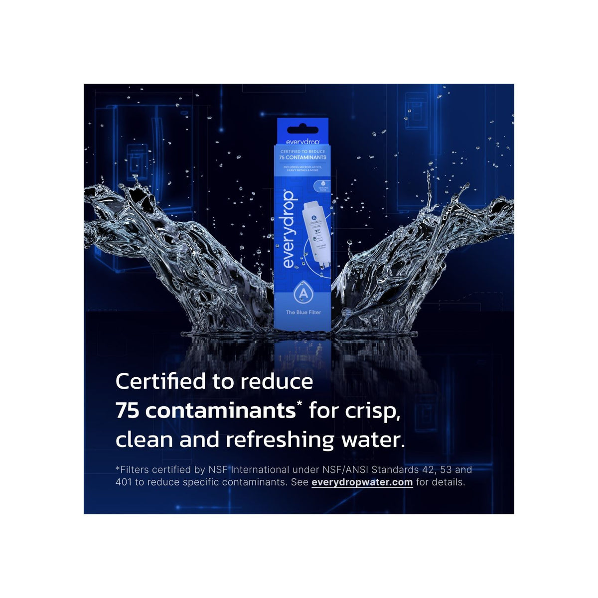 everydrop® Filter A EDRARXD1 compatible refrigerator water filter – contaminant reduction graphic