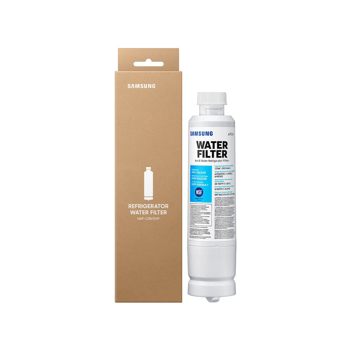 Samsung® HAF-CIN DA29-00020B compatible refrigerator water filter – cartridge and package