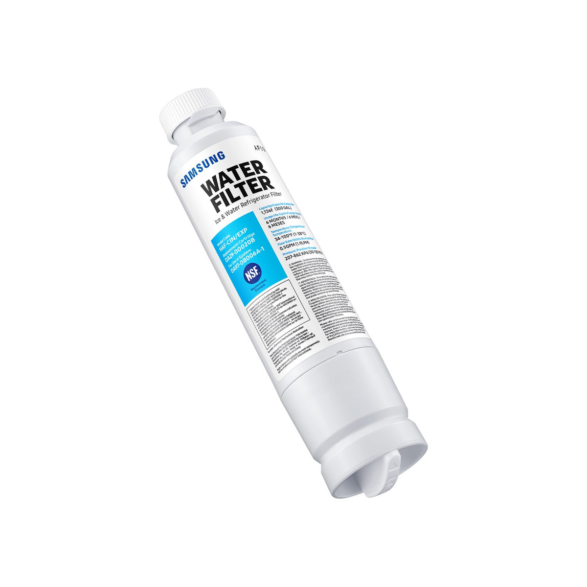 Samsung® HAF-CIN DA29-00020B compatible refrigerator water filter – cartridge angled view