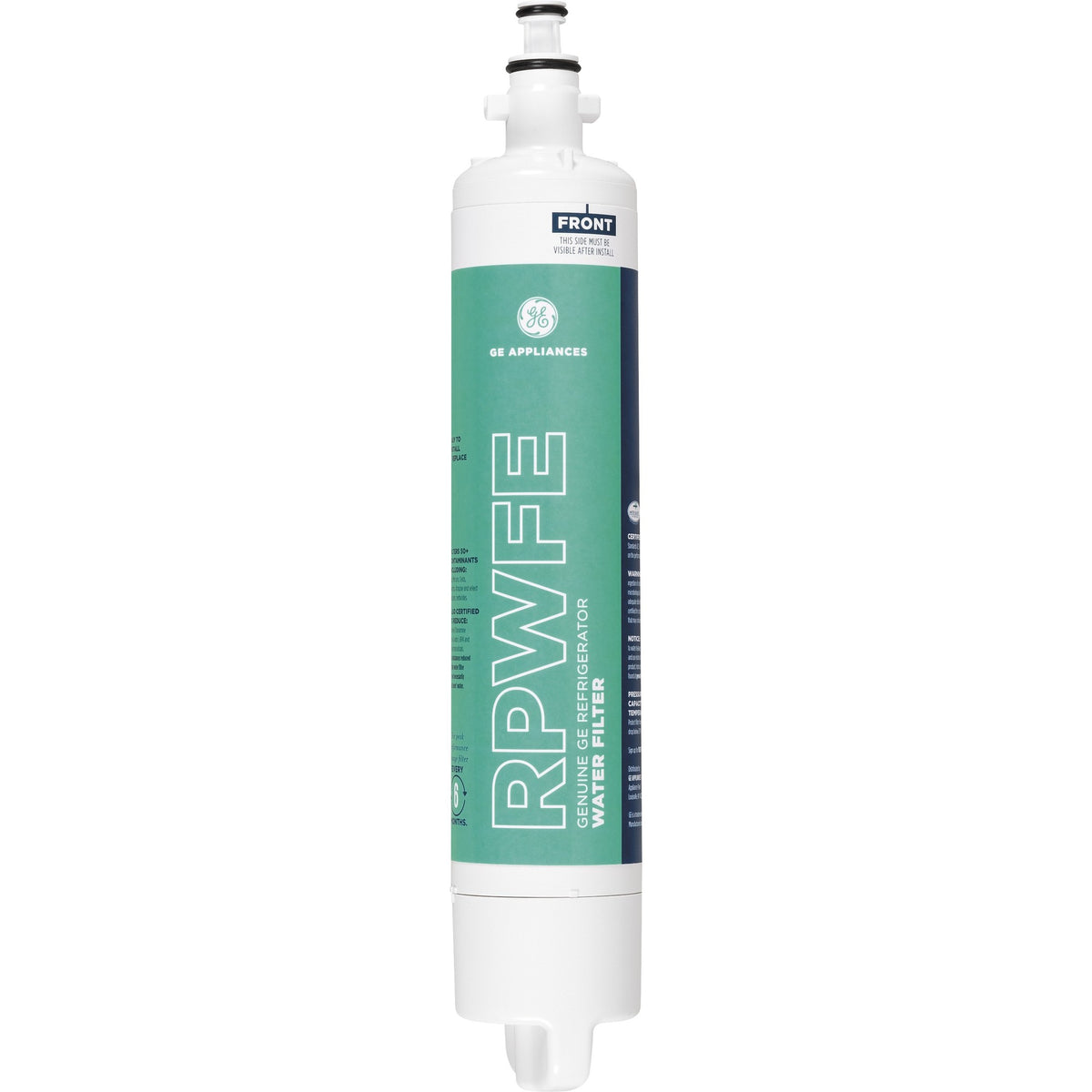 GE® RPWFE compatible refrigerator water filter – cartridge front view