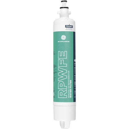 GE® RPWFE compatible refrigerator water filter – cartridge front view