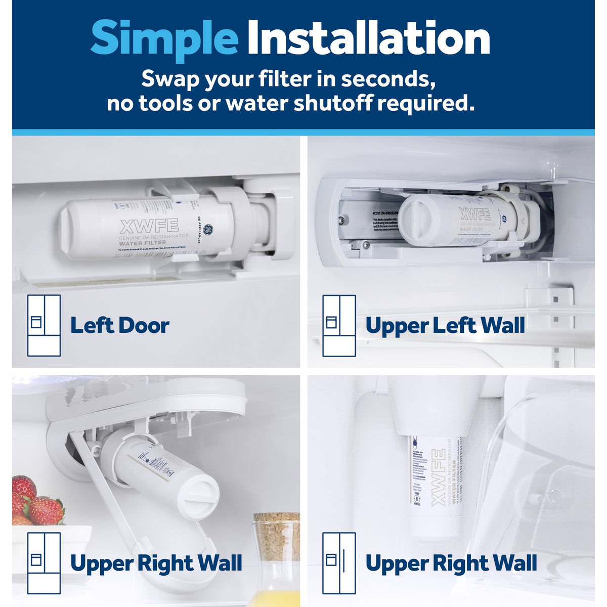 GE® XWFE compatible refrigerator water filter – installation steps