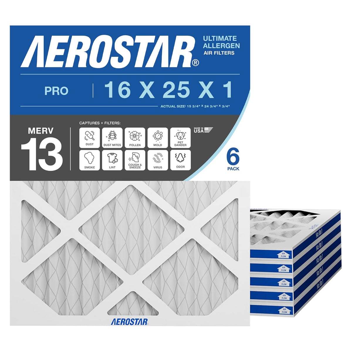 16x25x1 MERV 13 Pleated Air Filter (6-Pack)