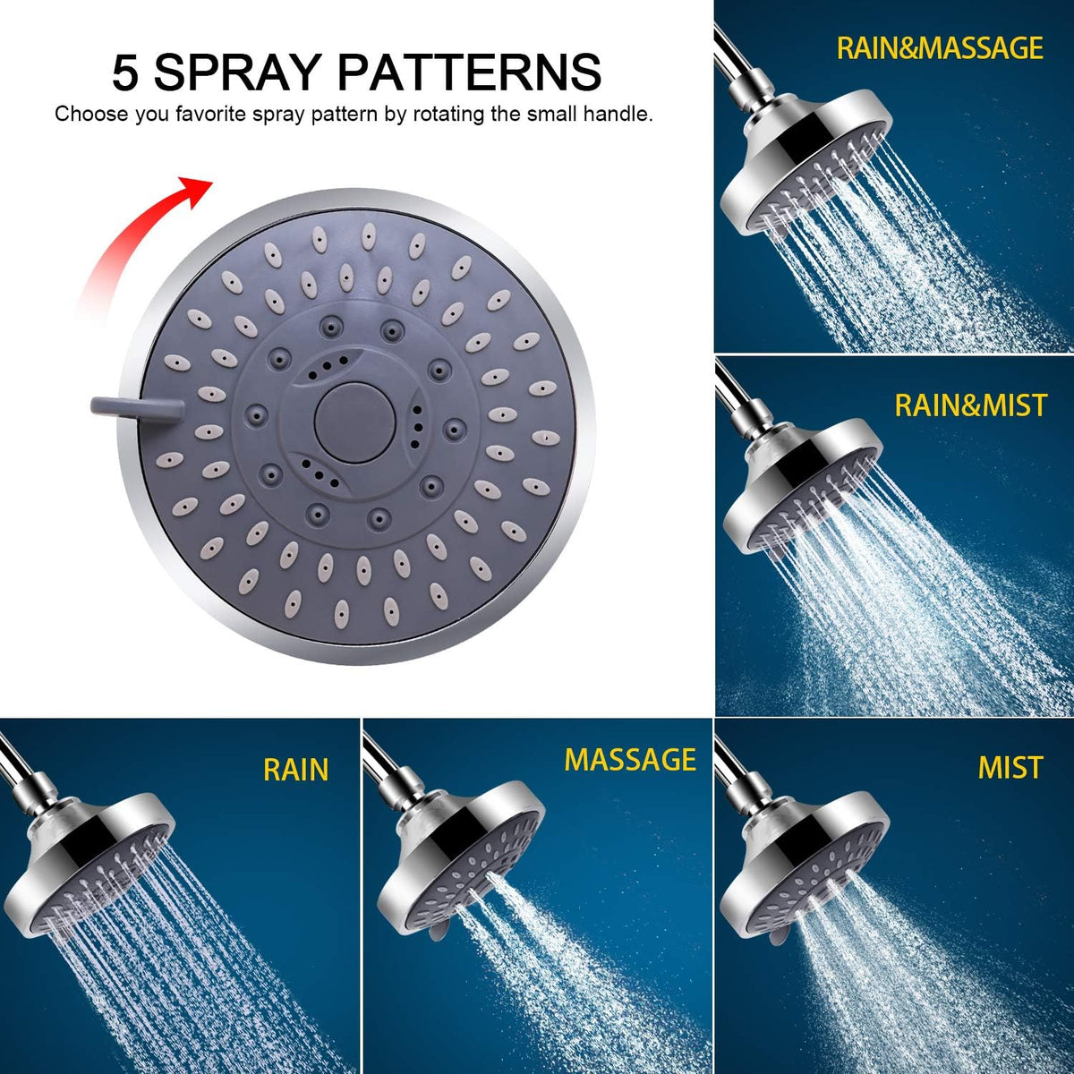 Filtered Shower Head for Hard Water – High Pressure, 5 Spray Modes