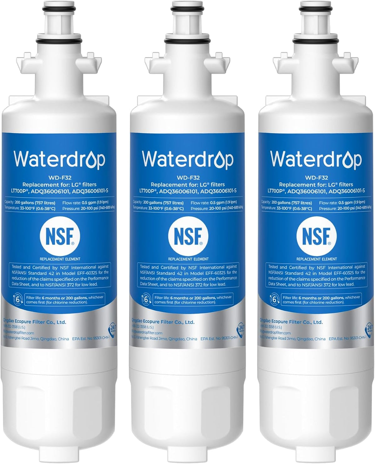 Refrigerator Water Filter 3-Pack – Compatible with LG LT700P
